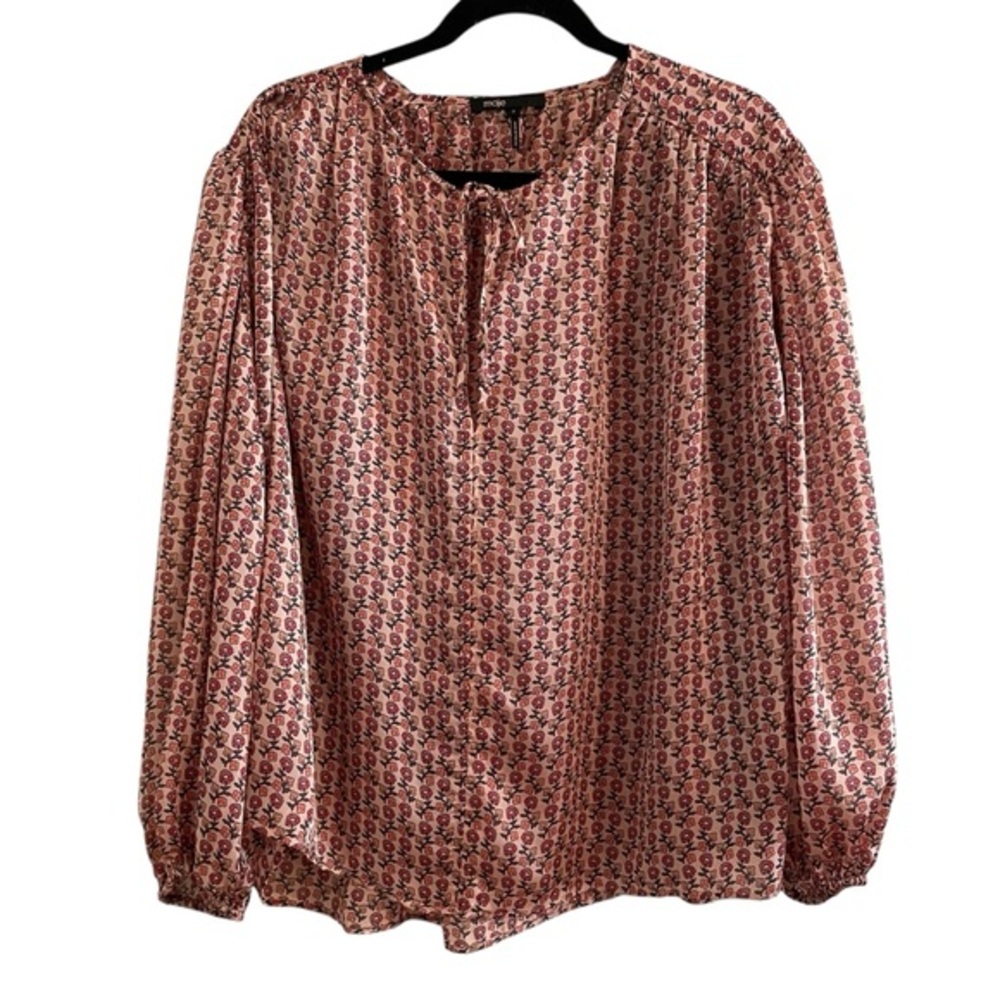 Maje Pink Floral Patterned Blouse Satin Finish Long Sleeves Size 3